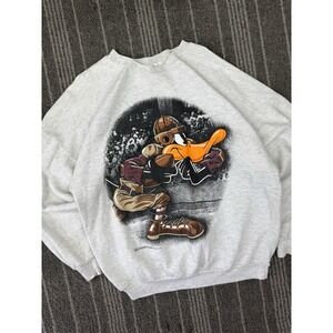Gray Crewneck Sweater with Cartoon Graphic